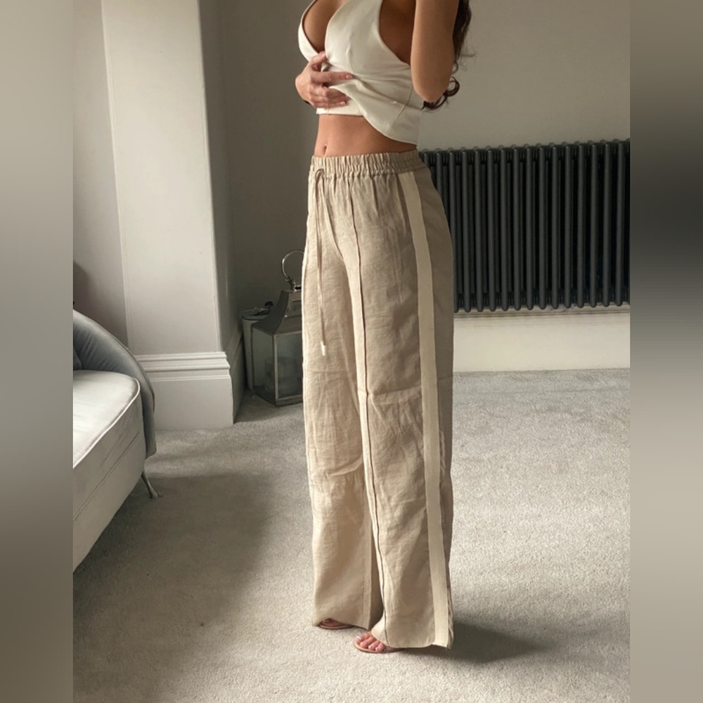 Zara khaki stripe relaxed trousers pants wide leg high waist